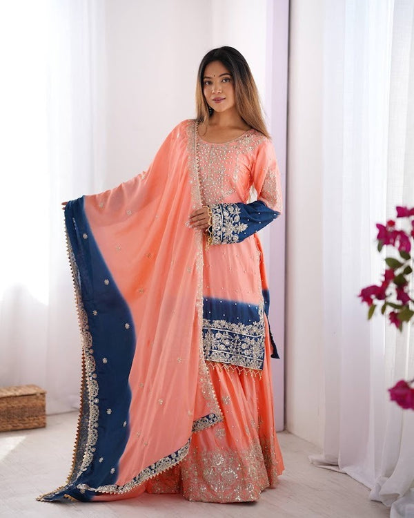 Peach & Navy Blue Chinon Silk Sharara Set with Sequins Moti & Dori Embroidery Elegant Festive Wear