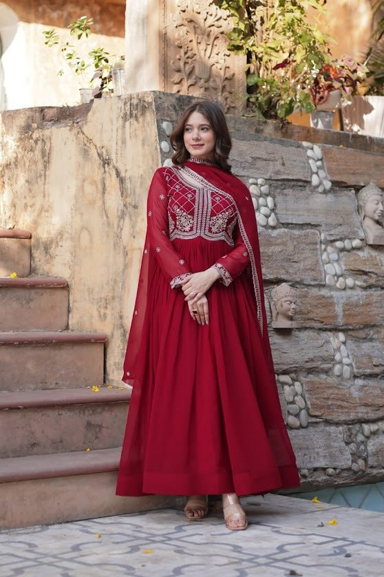 Maroon Georgette Anarkali Suit with Intricate Mirror Embroidery Festive Ethnic Wear