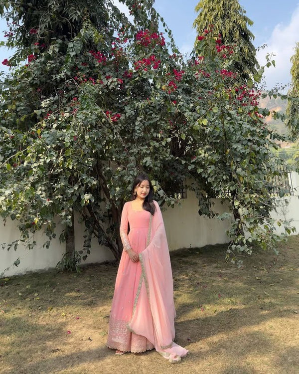 Peach Net Anarkali Gown with Embellished Border & Dupatta Elegant Ethnic Wear
