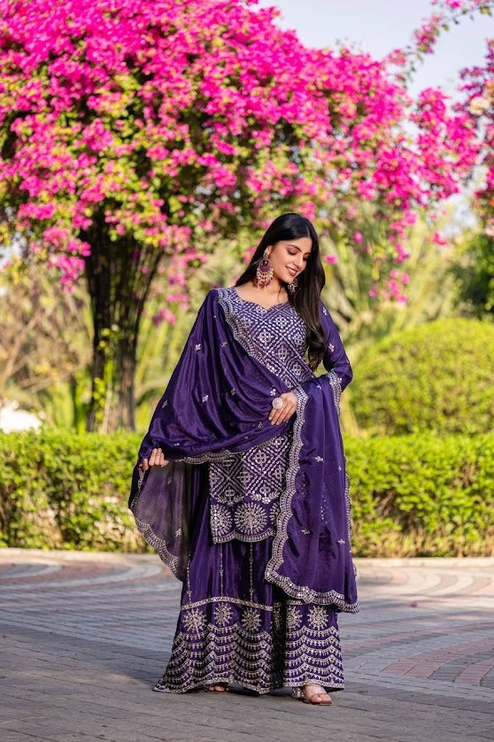 Purple Designer Sharara Set with Zari Work & Scallop Dupatta Traditional Party Outfit