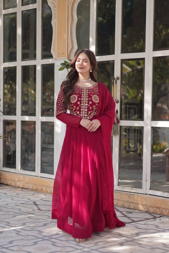 Crimson Red Georgette Anarkali Suit with Intricate Mirror & Thread Embroidery Premium Ethnic Wear for Wedding Occasions