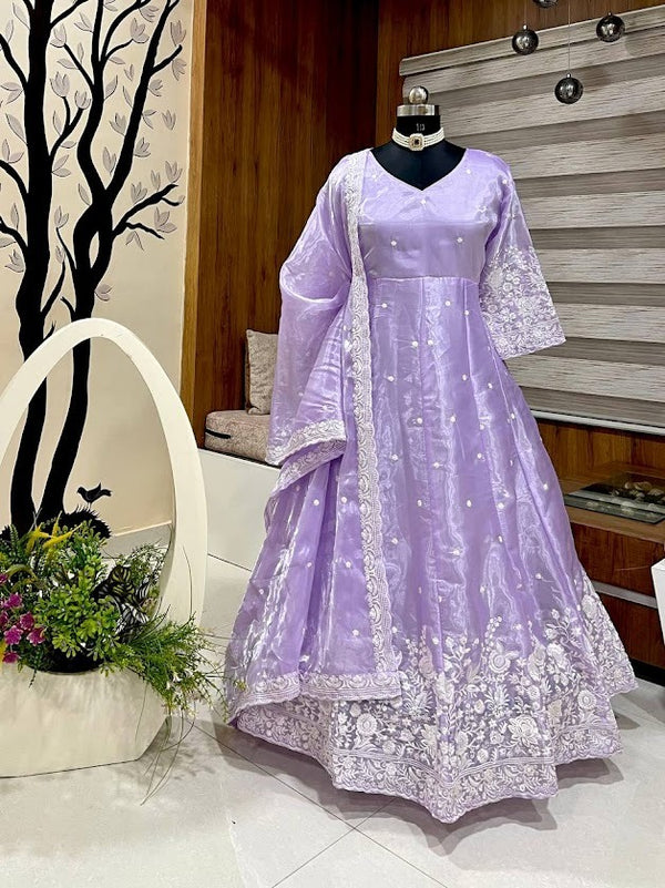 Lavender Embroidered Anarkali Suit Set with Dupatta Elegant Ethnic Wear for Weddings