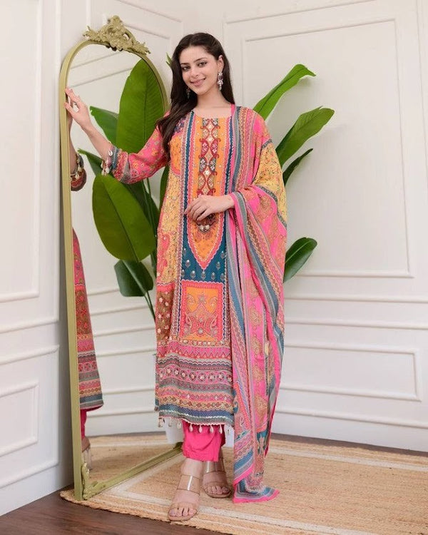 Multicolor Printed Pakistani Style Suit Pink Lawn Cotton Kurta Set with Embellished Dupatta