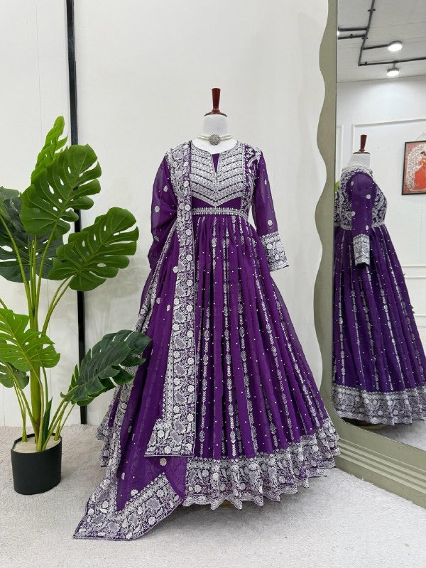 Royal Purple Anarkali Set with Intricate White Thread Embroidery & Lace Dupatta