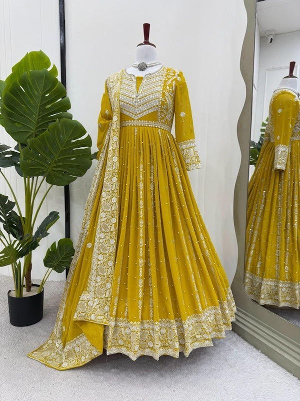 Mustard Yellow Anarkali Set with Elegant White Embroidery & Lace Dupatta