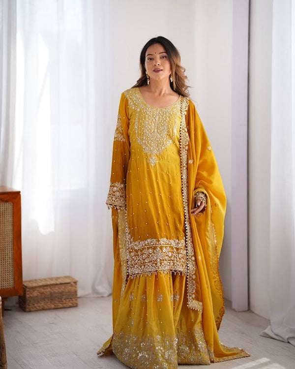 Sunshine Yellow Chinon Sharara Suit with Heavy Embroidery & Sequins Festive Wear
