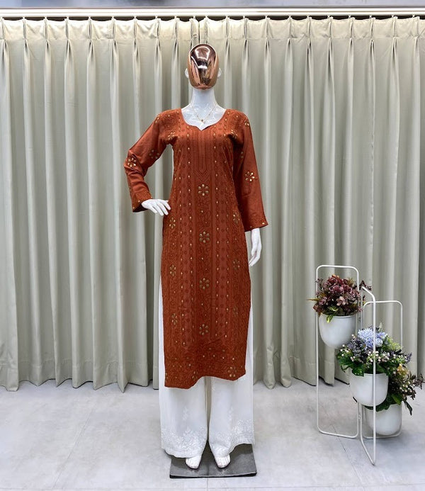 Rust Orange Mirror Work Kurta Set Elegant Straight Fit Kurti with White Embroidered Palazzo