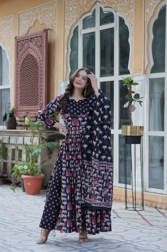 Midnight Black Printed Cotton Anarkali Set with Rajasthani Motifs & Dupatta