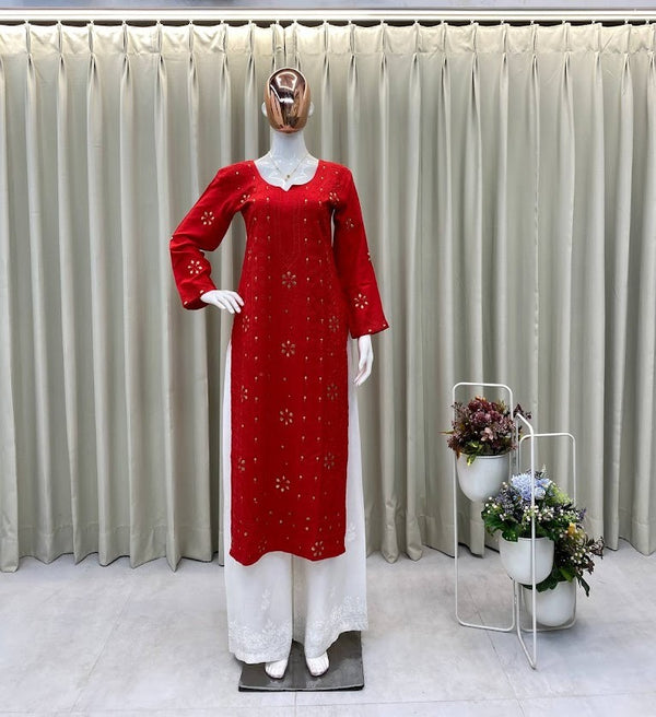 Red Mirror Work Straight Kurta Set Festive Cotton Kurti with White Embroidered Palazzo