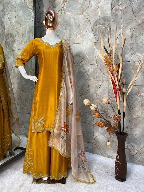 Mustard Yellow Embroidered Silk Suit Set with Floral Dupatta Festive Wear