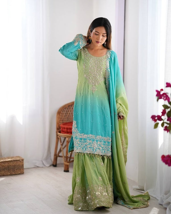 Aqua Green Ombre Embroidered Sharara Set with Handwork Detailing & Net Dupatta