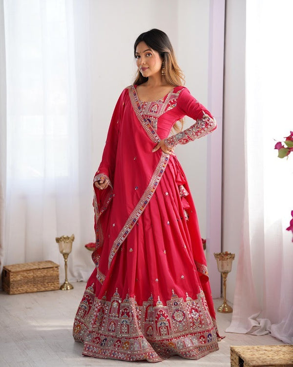 Rani Pink Mirror Work Lehenga Choli with Temple Border Embroidery