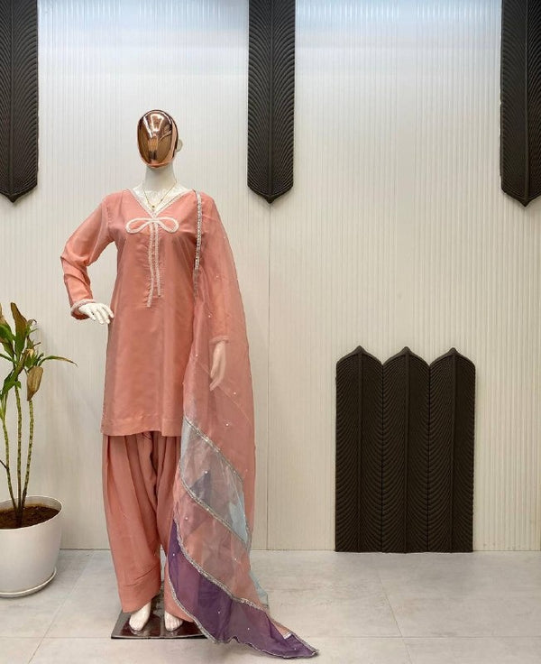 Peach Pink Patiala Suit with Bow Neckline & Multicolor Net Dupatta Elegant Punjabi Style Ethnic Wear