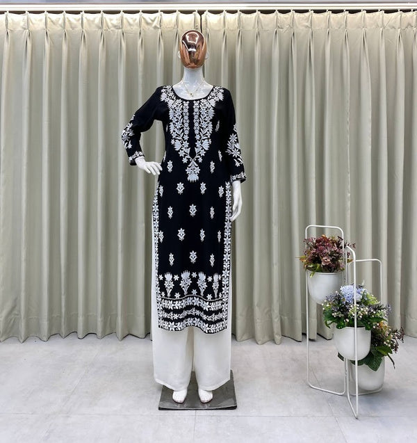 Black & White Embroidered Straight Kurta Set Elegant Cotton Kurti with White Palazzo