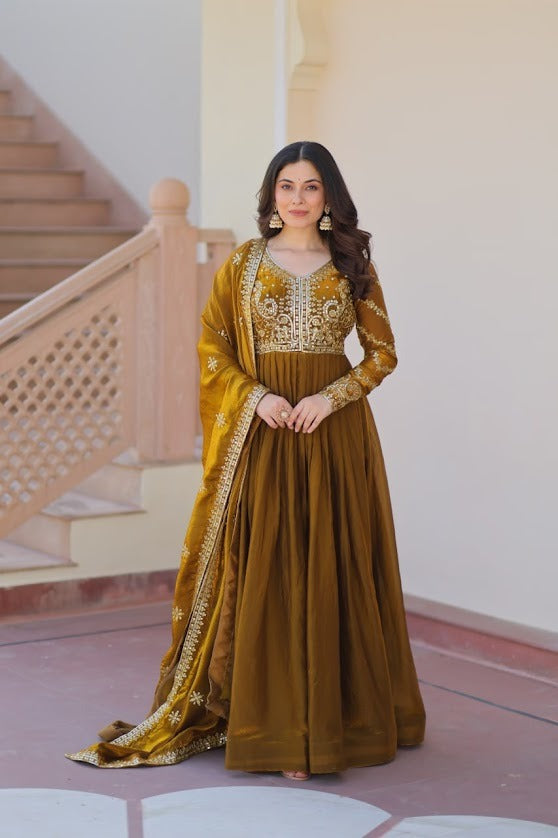 Olive Gold Embroidered Anarkali Gown with Dupatta Elegant Ethnic Floor Length