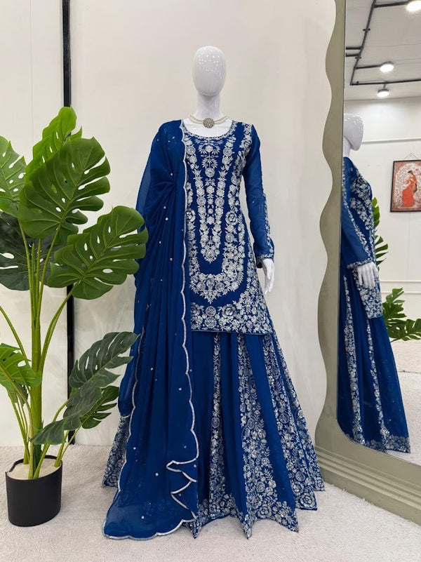 Royal Blue Heavy Embroidered Sharara Suit Set with Gota Patti Dupatta Elegant Wedding Ensemble