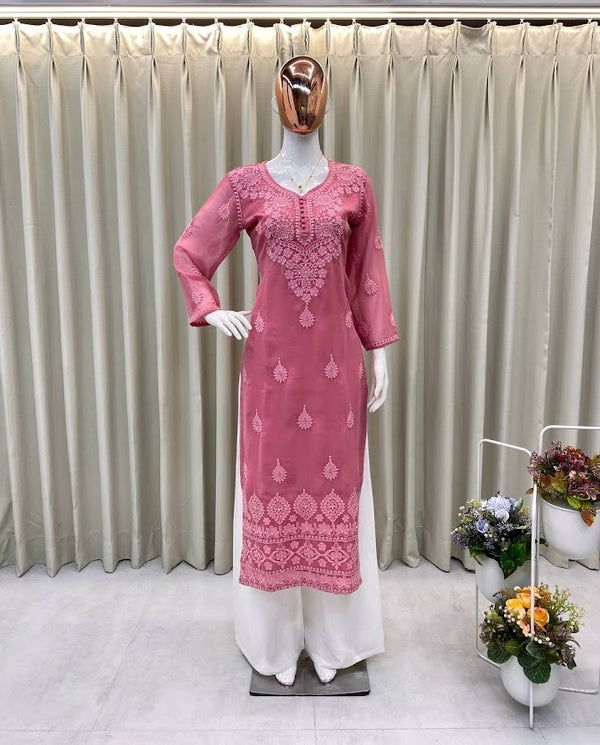 Blush Pink Embroidered Straight Kurta Set Elegant Georgette Suit with White Palazzo