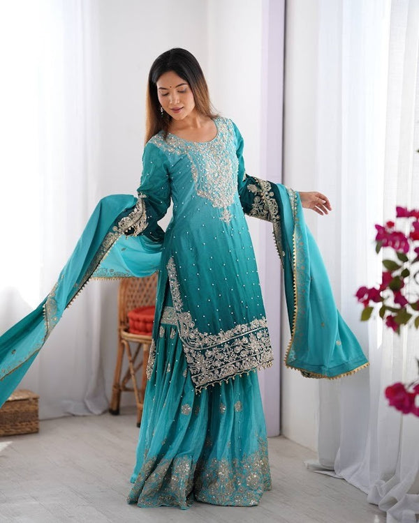 Turquoise Teal Embroidered Sharara Suit Set in Chinon Silk with Sequins & Moti Work Festive Glam