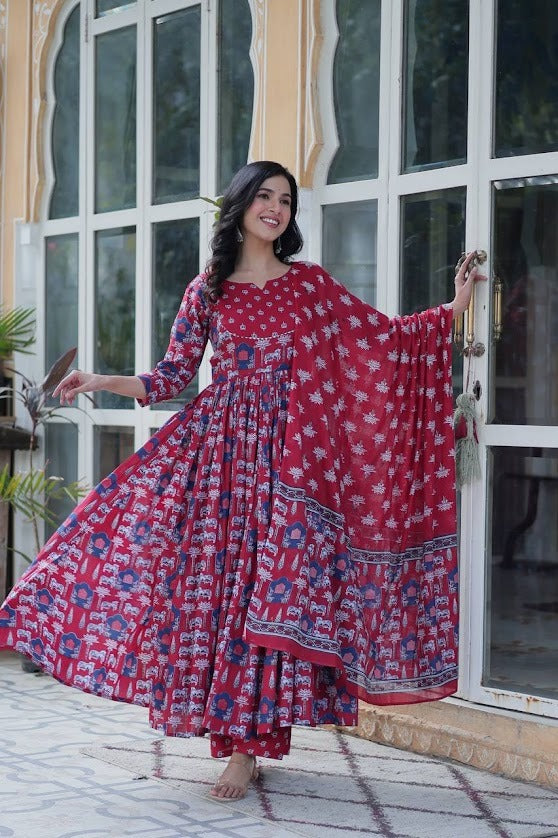 Elegant Cotton Block Print Anarkali Set with Dupatta Red & Navy Combo