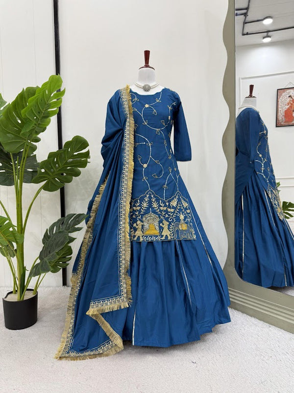 Royal Blue Embroidered Lehenga Set with Golden Temple Moti