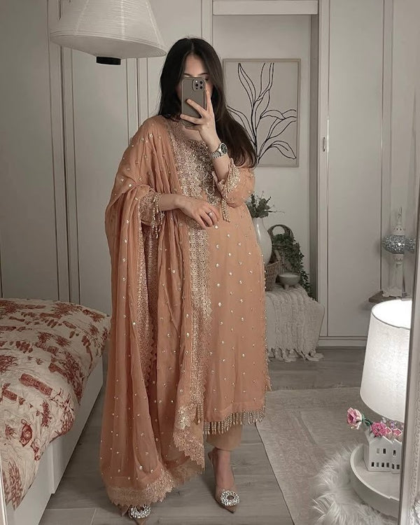 Peach Georgette Embroidered Kurti Plazzo Set with Elegant Lace Dupatta