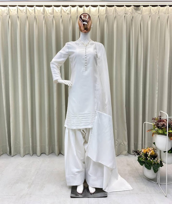Pure White Satin Kurta Set with Pleated Hem & Organza Dupatta Elegant Festive Wear