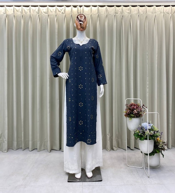 Navy Blue Mirror Work Kurta Set Elegant Straight Fit Kurti with White Embroidered Palazzo