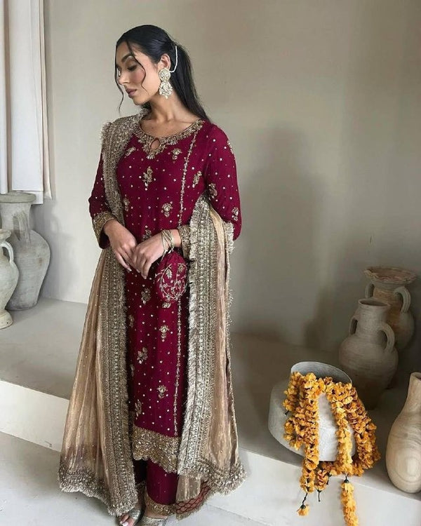 Maroon Fox Georgette Embroidered Suit with Handwork & Sequins Elegant Festive Wear