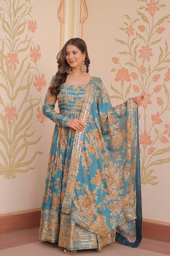 Turquoise Blue Floral Anarkali Suit with Sequin Embroidered Border Luxe Designer Outfit for Wedding Wear