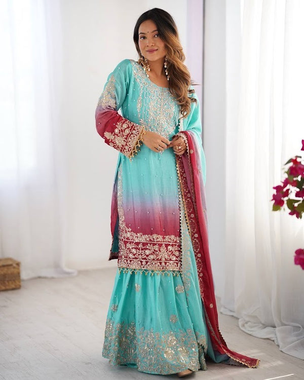 Aqua & Maroon Chinon Silk Sharara Set with Dori and Sequin Detailing Festive Elegance