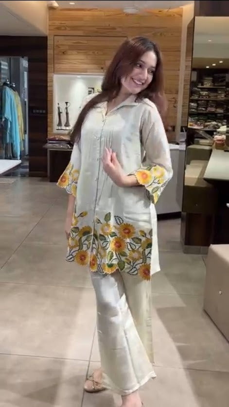 White Floral Embroidered Co Ord Set A Line Shirt Kurti with Pant in Cotton Blend