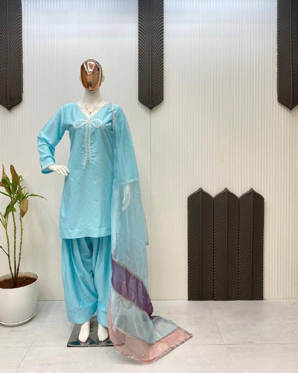 Sky Blue Patiala Suit with Bow Neckline & Multicolor Organza Dupatta Trendy Punjabi Ethnic Wear