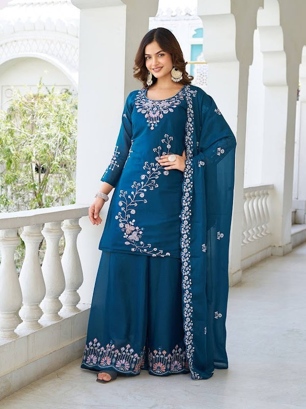 Teal Blue Embroidered Kurta Sharara Set with Floral Dupatta Elegant Festive Wear