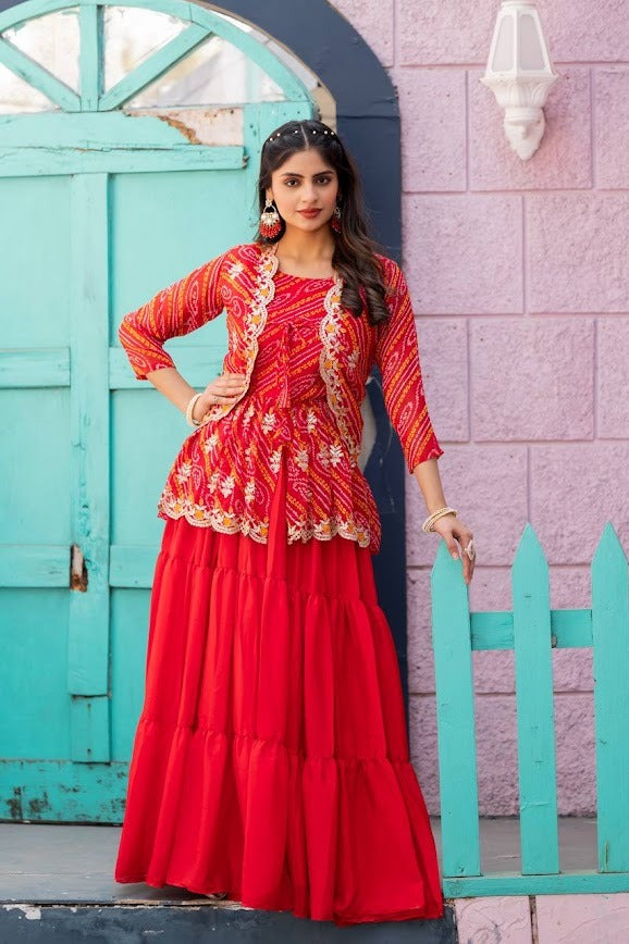 Vibrant Red Peplum Style Lehenga Set with Bandhani Print Trendy Festive Fusion Wear