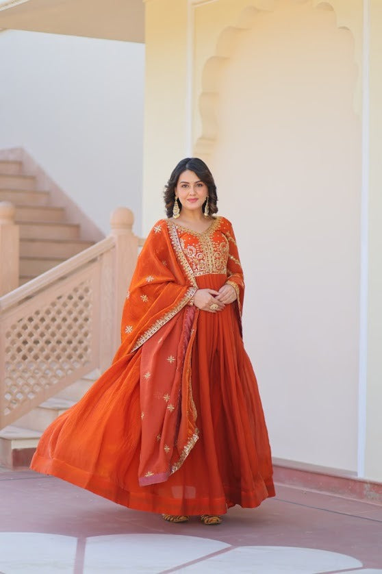 Burnt Orange Embroidered Anarkali Gown with Dupatta Traditional Festive Floor Length Dress