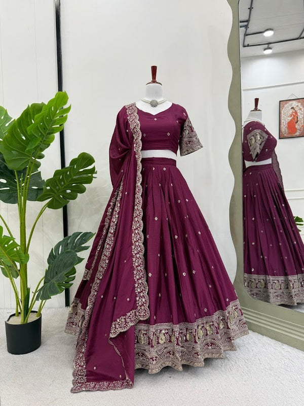 Plum Maroon Hand Embroidered Lehenga Set with Mirror Work Detailing Timeless Grace