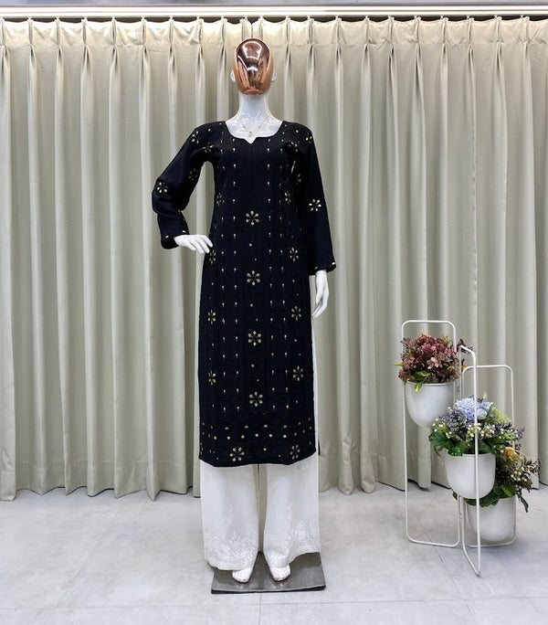 Black Mirror Work Straight Kurta Set Elegant Cotton Kurti with White Embroidered Palazzo