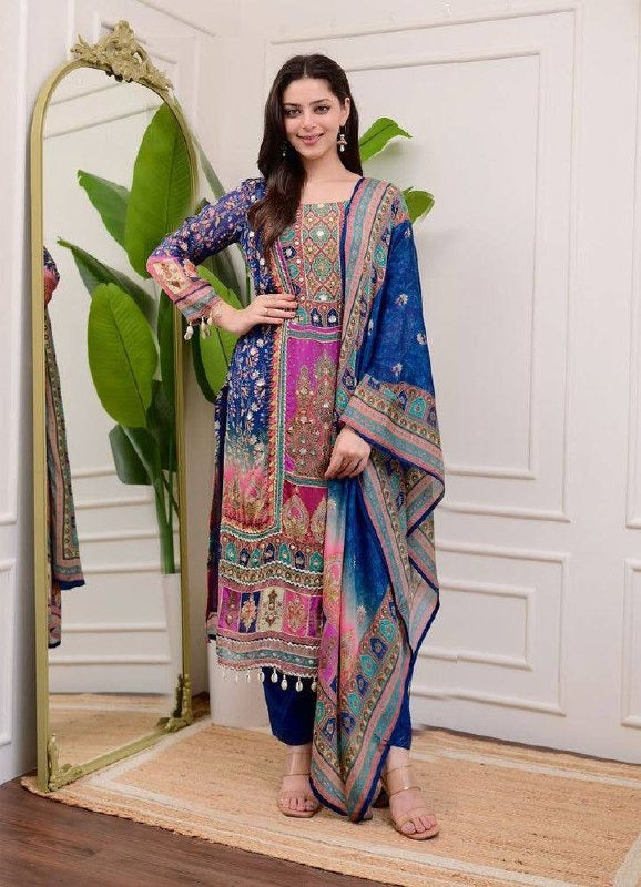 Multicolor Printed Pakistani Style Suit Set Blue Lawn Cotton Kurta with Dupatta & Pant