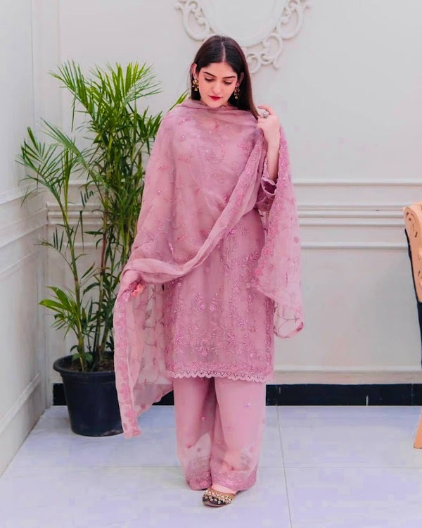 Blush Pink Floral Embroidered Net Suit Set with Dupatta Elegant Party Wear