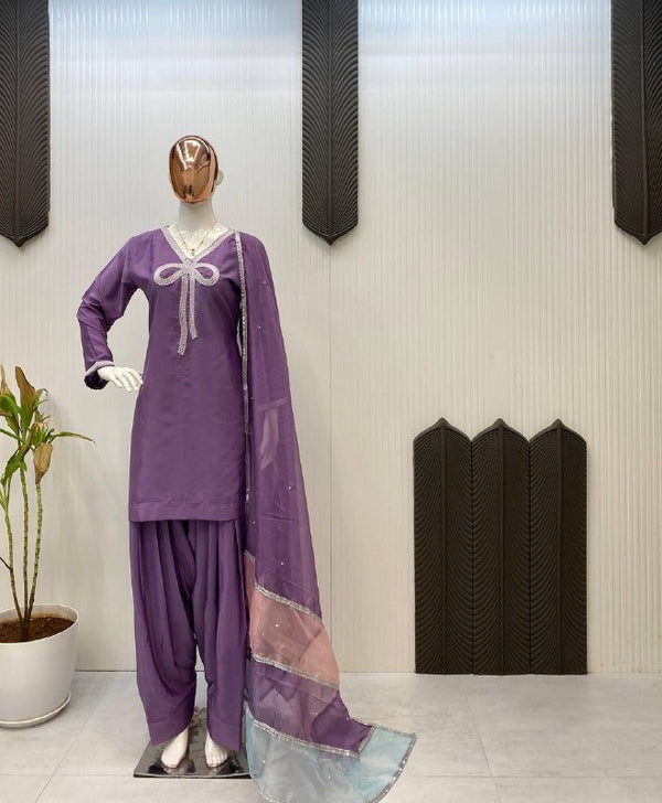 Lavender Purple Patiala Suit with Bow Neckline & Dual Tone Organza Dupatta Elegant Punjabi Ethnic Wear