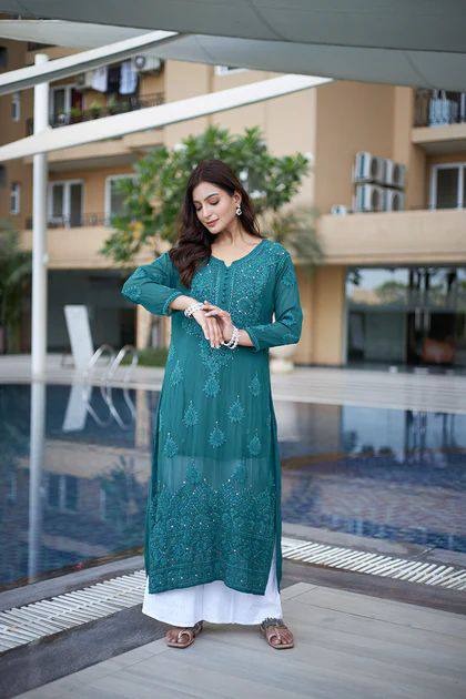 Emerald Green Georgette Kurta Set Hand Embroidered Sequins & Bead Work Straight Suit