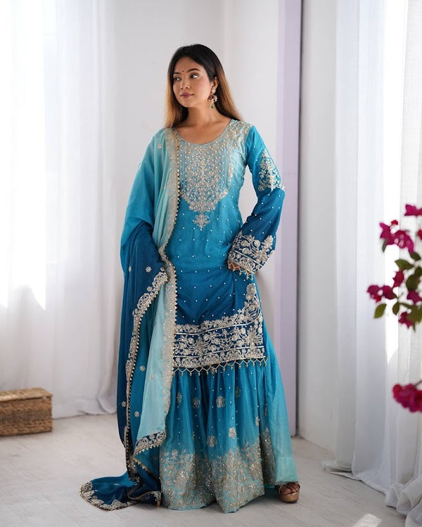 Royal Blue Embroidered Chinon Sharara Suit with Dupatta Festive Wear