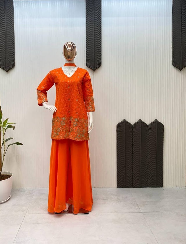 Bright Orange Embroidered Kurta with Palazzo Pants Party Wear Indo Western Set for Women