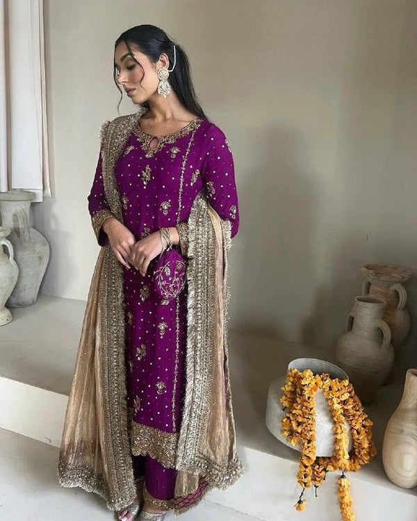 Royal Purple Embroidered Suit Set with Golden Lace Dupatta Graceful Traditional Attire