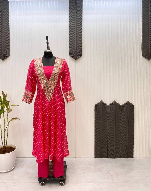 Radiate Elegance in Mirror Embroidered Fuchsia Chinon Set