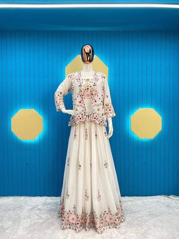 Ivory Embroidered Lehenga Set with Floral Mirror Work Jacket