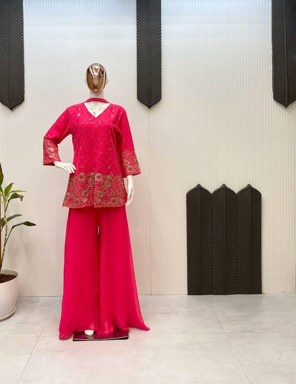 Rani Pink Ethnic Kurta Palazzo Set with Gold Embroidery Elegant Wedding Wear