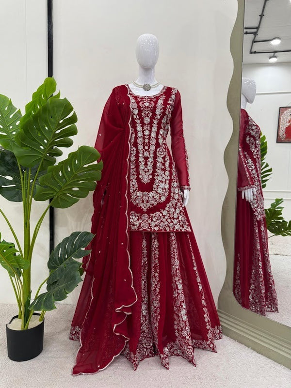 Maroon Heavy Embroidered Sharara Suit Set with Scalloped Dupatta Wedding Designer Wear