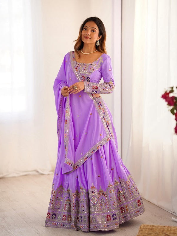 Lavender Mirror Work Lehenga Choli with Temple Motif Embroidery