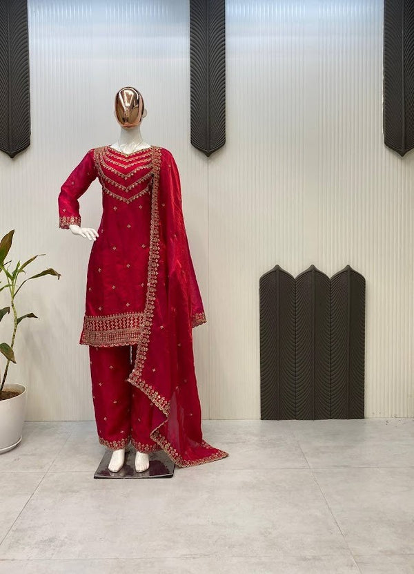 Radiant Red Fendi Silk Suit with Sequin & Diamond Embroidery Luxury Festive Edition